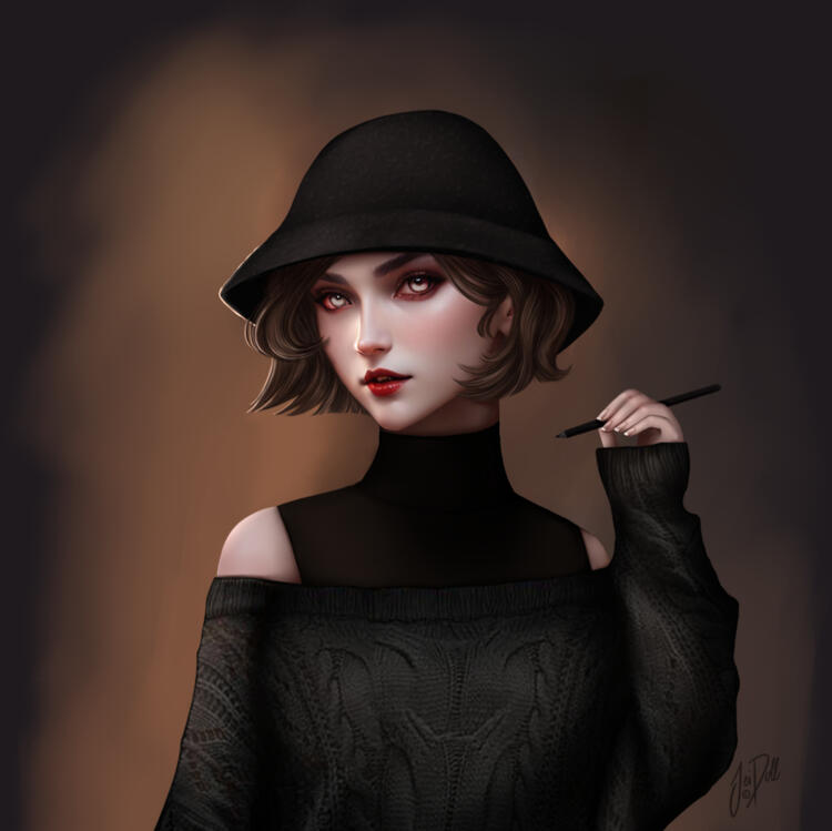 Picture of a young beautiful girl, her chest is facing away from the way her head is turned, but her eyes are locked at you. Unblinkingly she has a soft yet intense feel to her at the same time, you can't tell if she is relaxed or tense, maybe a bit of bot