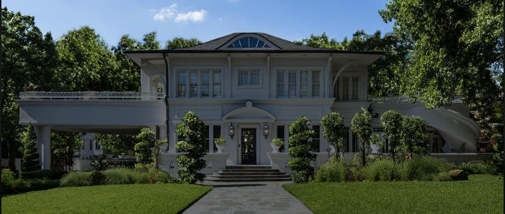Outside of a Mansion. The windy road across the foresty hills leads to a tall dark metallic fencing with a double doored gate wide enough for most vehicles to pass. Behind the fence is a well kept dense juniper row, that blocks vision from even the tallest